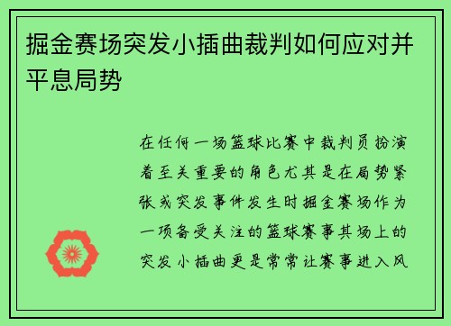 掘金赛场突发小插曲裁判如何应对并平息局势