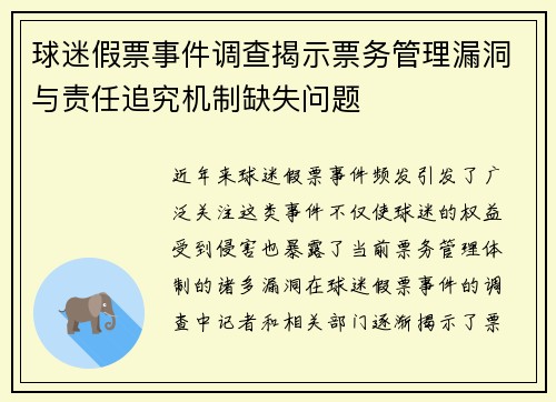 球迷假票事件调查揭示票务管理漏洞与责任追究机制缺失问题